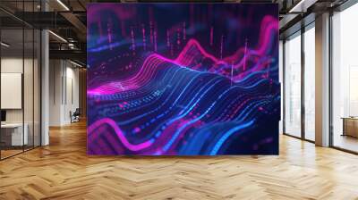 An abstract financial chart, dynamic curves in blue and magenta, glowing with intensity, set against a dark, high-tech background filled with data points and charts Wall mural